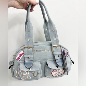 True Religion Light Wash Blue Jean Denim Satchel With Patches